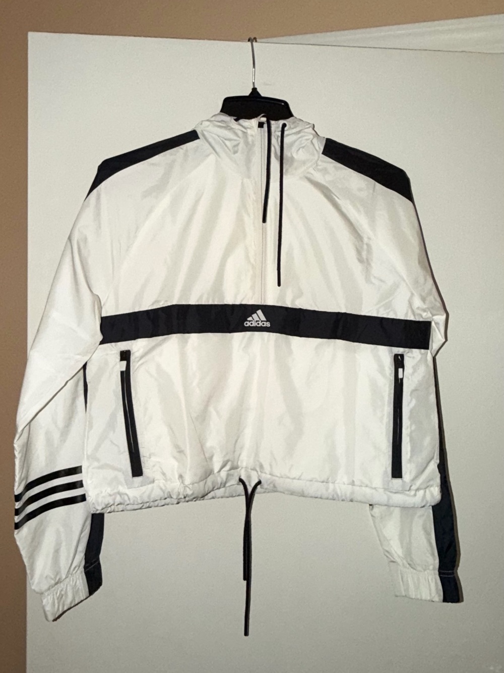 Adidas White and Black Half-Zip Windbreaker Jacket